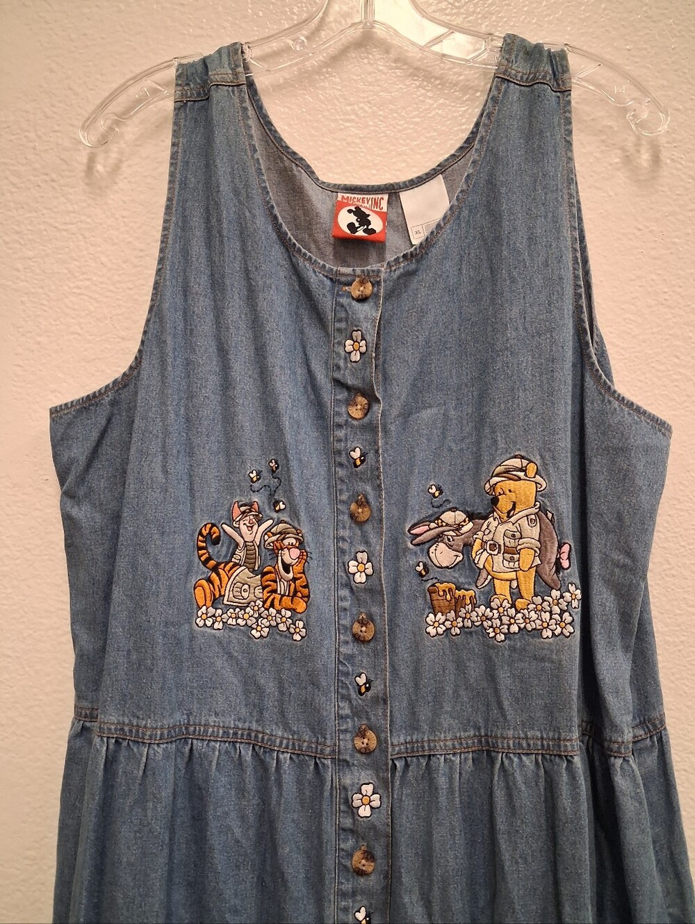 Vtg Winnie The Pooh Disney MICKEY  INC. Denim Pinafore Dress Jumper Women's XL